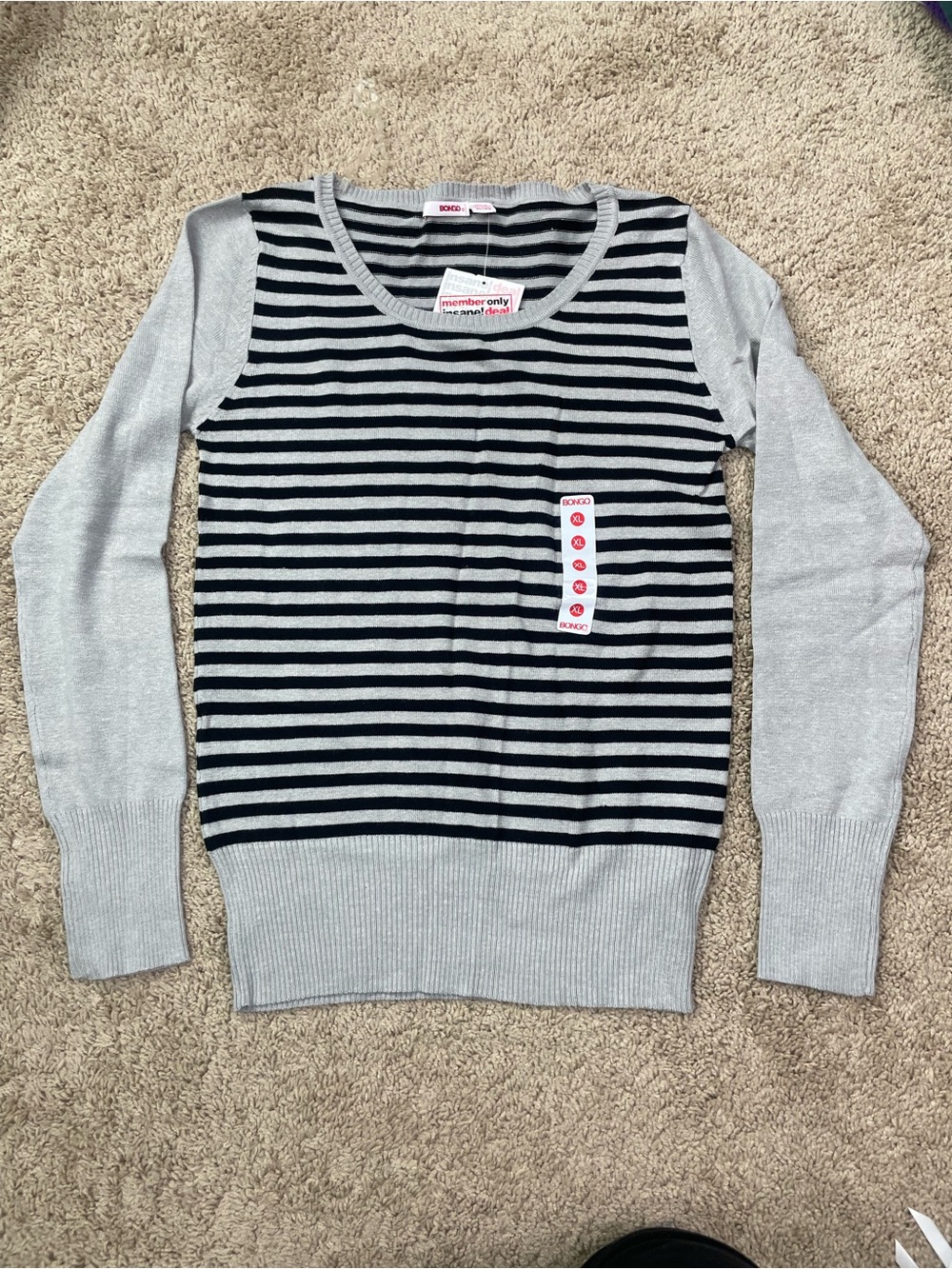 BONGO Striped Crewneck Sweater - Light Gray &‎ Black